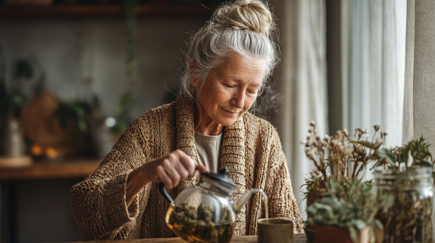 Ältere Frau mit grauen Haaren in einem Dutt, trägt eine warme Strickjacke und gießt sich aus einer Teekanne mit Hanfblüten eine Tasse Tee ein. Sie sitzt entspannt an einem Holztisch in einem gemütlichen, natürlich dekorierten Raum.