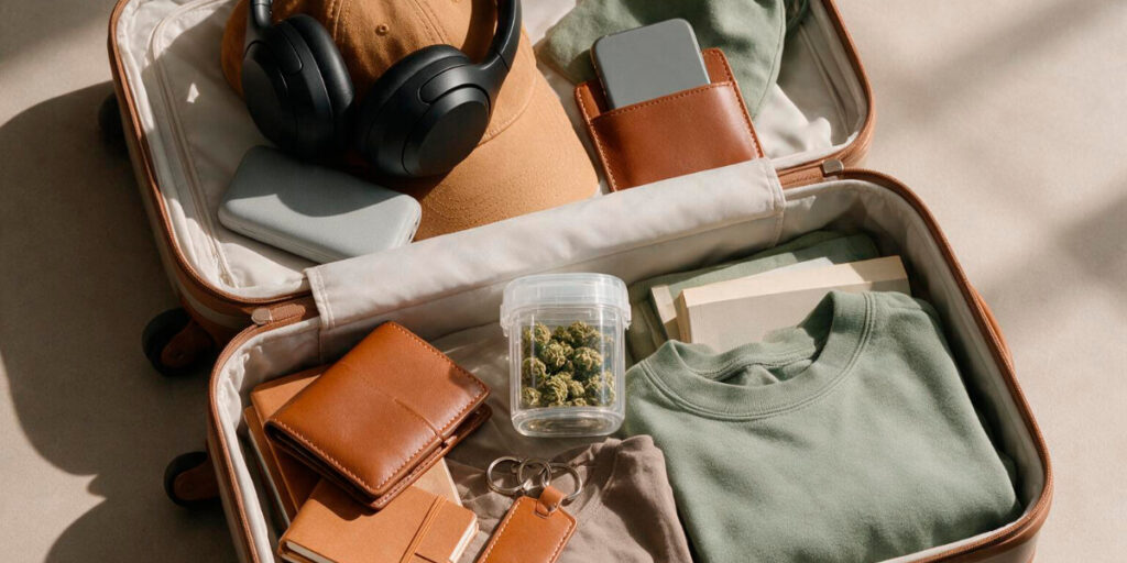 Ein aufgeklappter Reisekoffer mit Gepäck und einem Behälter mit Medizinalcannabis.