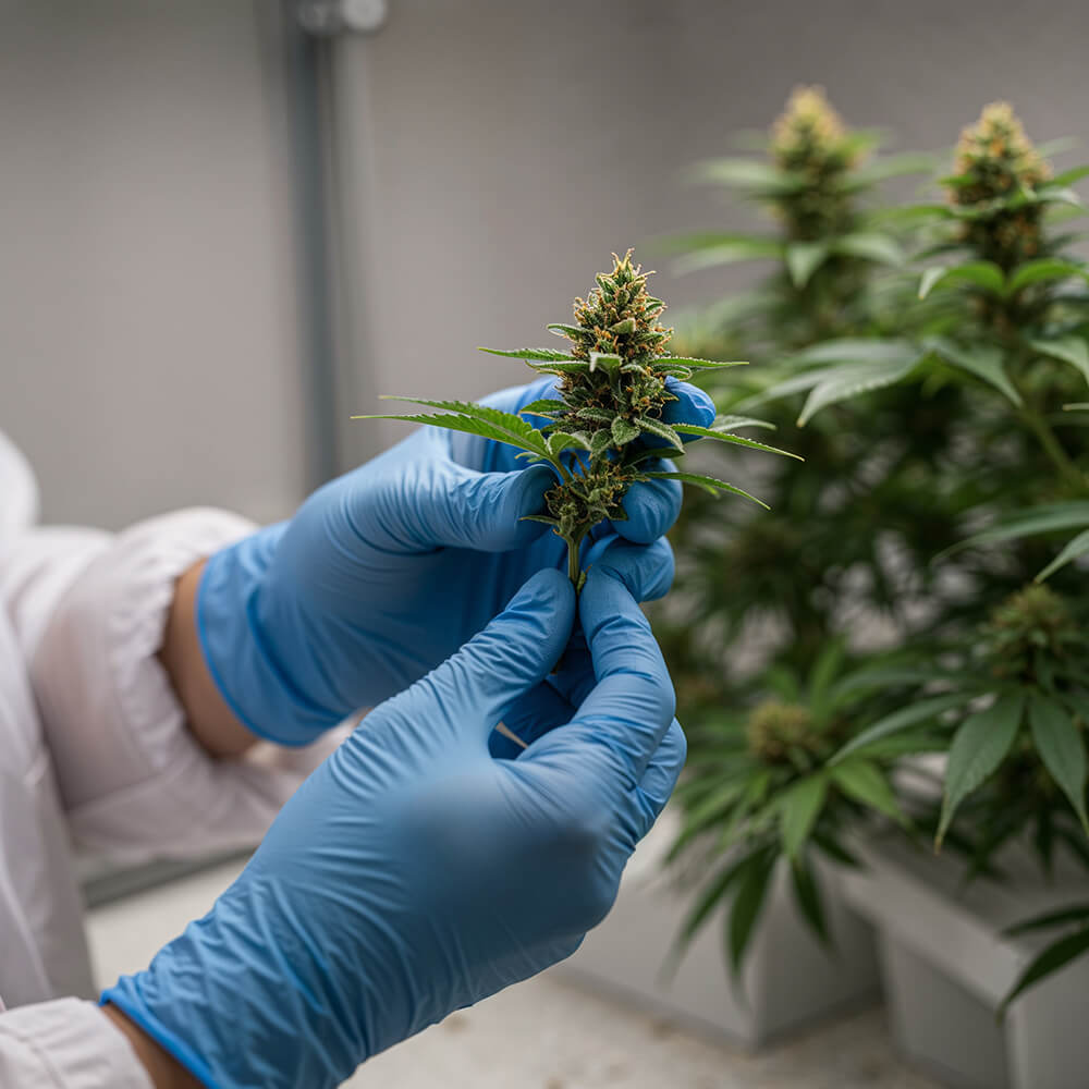 Nahaufnahme einer medizinischen Fachkraft mit blauen Handschuhen, die in einem Labor eine Cannabisblüte inspiziert. Im Hintergrund sind weitere Cannabis-Pflanzen in Töpfen zu sehen.