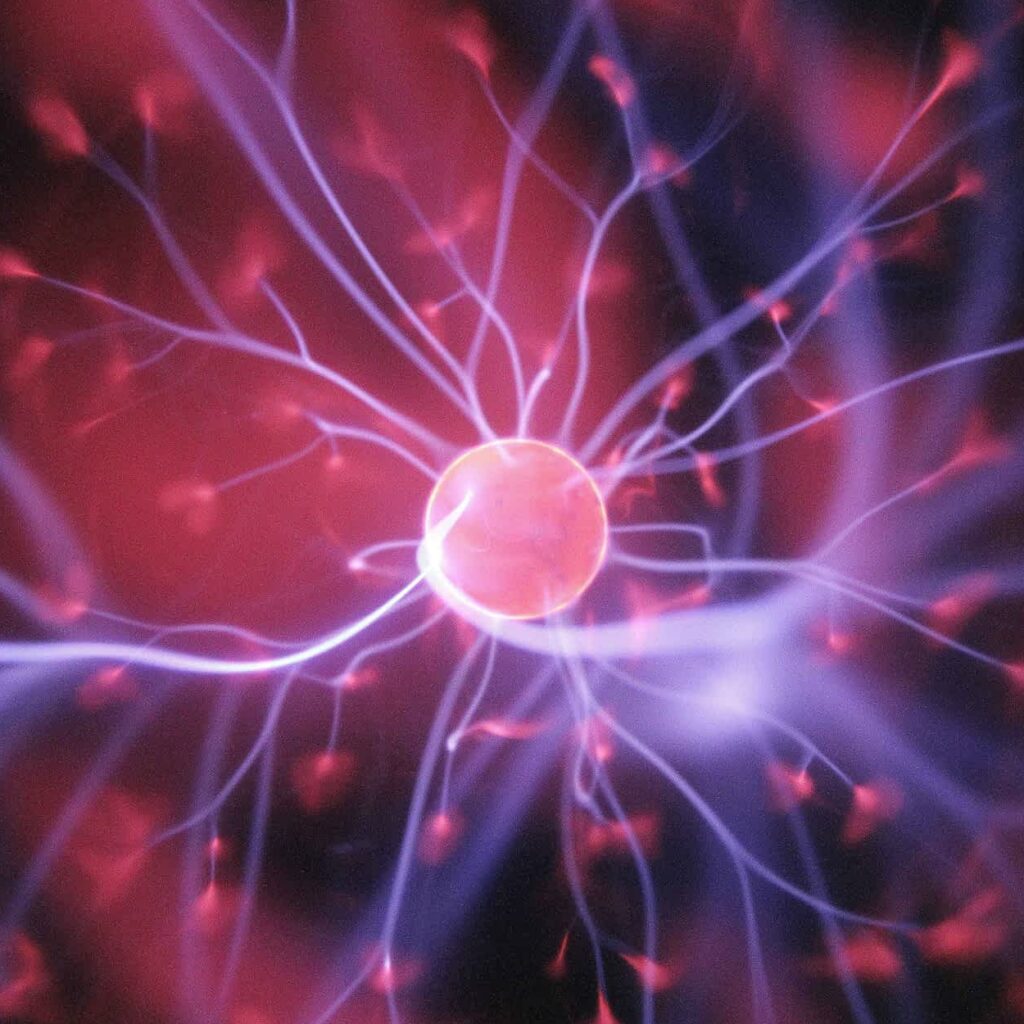 Makroaufnahme einer Plasma-Kugel mit leuchtenden Lichtbögen, die vom zentralen Kern in alle Richtungen strahlen. Die Darstellung erinnert visuell an neuronale Verbindungen im Gehirn und wird oft symbolisch für elektrische Aktivität oder Informationsübertragung im Nervensystem verwendet. Die Farben sind überwiegend Violett, Pink und Blau.