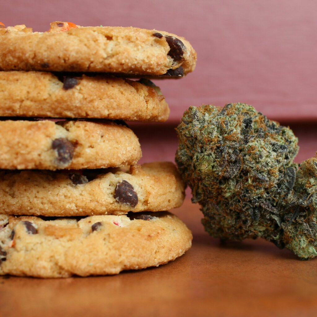 Mehrere Schoko-Cookies liegen gestapelt neben einer getrockneten Cannabisblüte. Das Bild zeigt beispielhaft die Vielfalt moderner Cannabisprodukte, von essbaren Varianten bis zur klassischen Blüte, wie sie im Blogbeitrag zur Entwicklung und Legalität von Cannabisprodukten in Deutschland thematisiert wird.