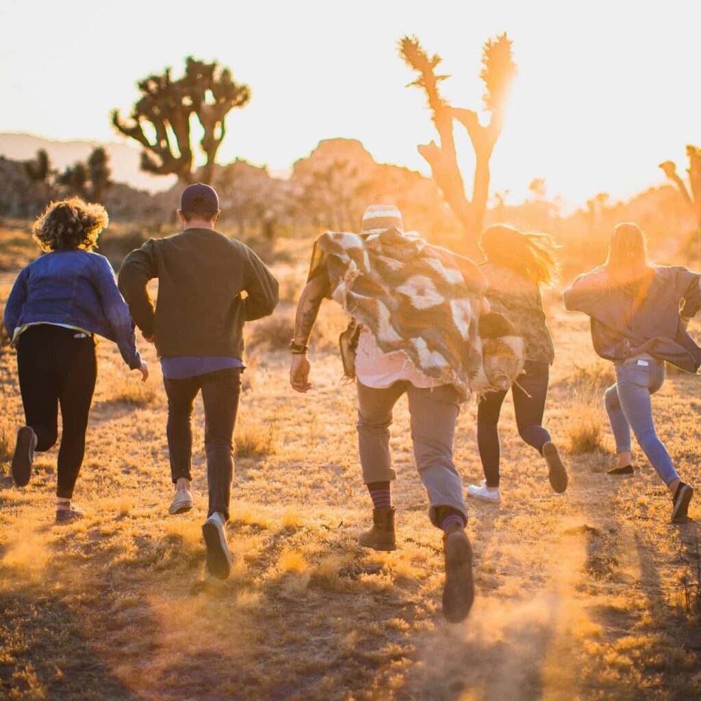 Sechs junge Menschen rennen gemeinsam durch eine sonnendurchflutete Wüstenlandschaft mit kargen Büschen und markanten Joshua Trees. Die Szene ist von warmem, goldenen Licht durchzogen – aufgenommen während des Sonnenuntergangs. Die Gruppe läuft von der Kamera weg, was ein Gefühl von Freiheit, Abenteuerlust und Gemeinschaft vermittelt.