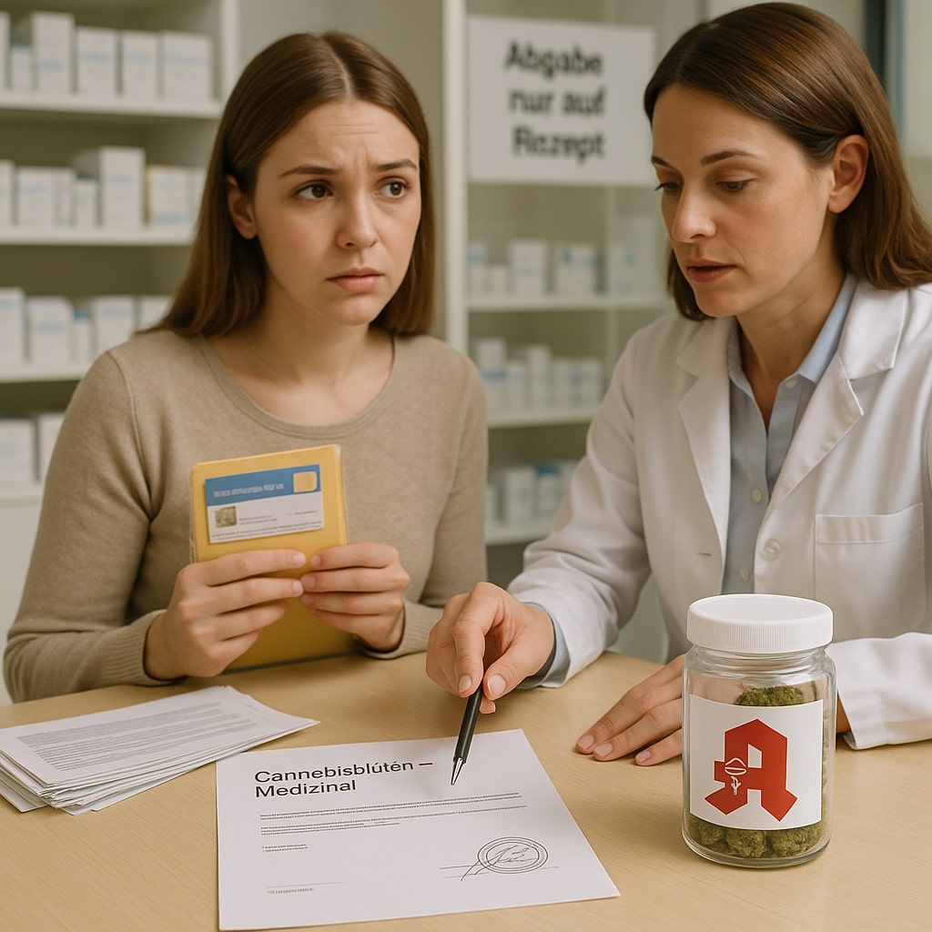 In einer modernen Apotheke sitzt eine junge Frau mit fragendem Blick an einem hellen Tresen. Sie hält eine Krankenversicherungskarte und eine gelbe Mappe mit medizinischen Unterlagen. Vor ihr liegt ein ärztlich abgestempeltes Rezept mit der Aufschrift „Cannabisblüten – Medizinal“, daneben ein transparentes Apothekendöschen mit getrockneten Cannabisblüten und rotem Apotheken-A-Logo. Eine Apothekerin im weißen Kittel zeigt mit einem Stift auf das Rezept. Im Hintergrund sind Medikamentenregale und ein Schild mit der Aufschrift „Abgabe nur auf Rezept“ sichtbar. Weiches Tageslicht und klare Farben erzeugen eine vertrauensvolle Atmosphäre.