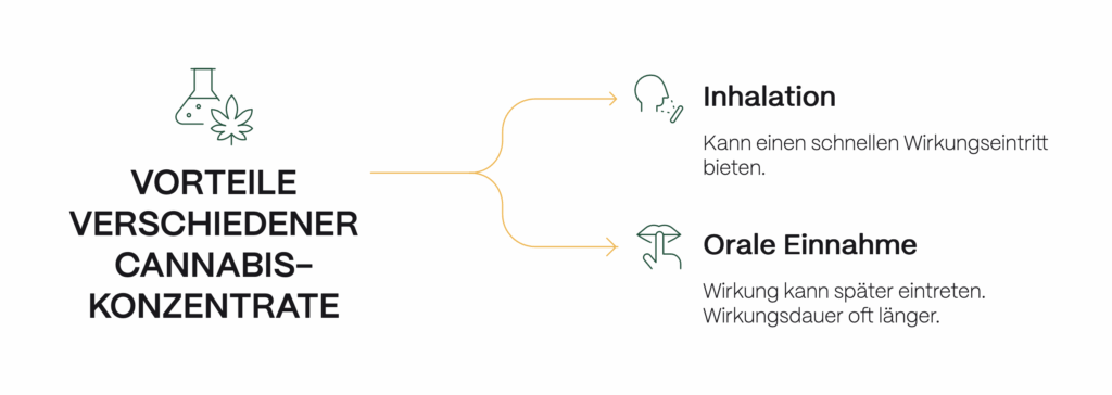 Infografik Vorteile von Cannabis-Konzentrat: Inhalation mit schnellem Wirkungseintritt und orale Einnahme mit längerer Wirkungsdauer.
