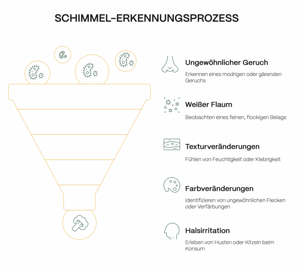 Grafik zeigt fünf Anzeichen für Schimmel auf Cannabis: modriger Geruch, weißer Flaum, klebrige Textur, Farbveränderung, Halsirritation.