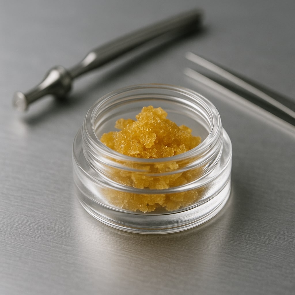Auf einem Glastisch stehen ein Glas mit goldfarbenem Live-Resin, ein silberner Vaporizer und im Hintergrund eine vereiste Cannabisblüte auf einem Edelstahltablett, beleuchtet von weichem Tageslicht.