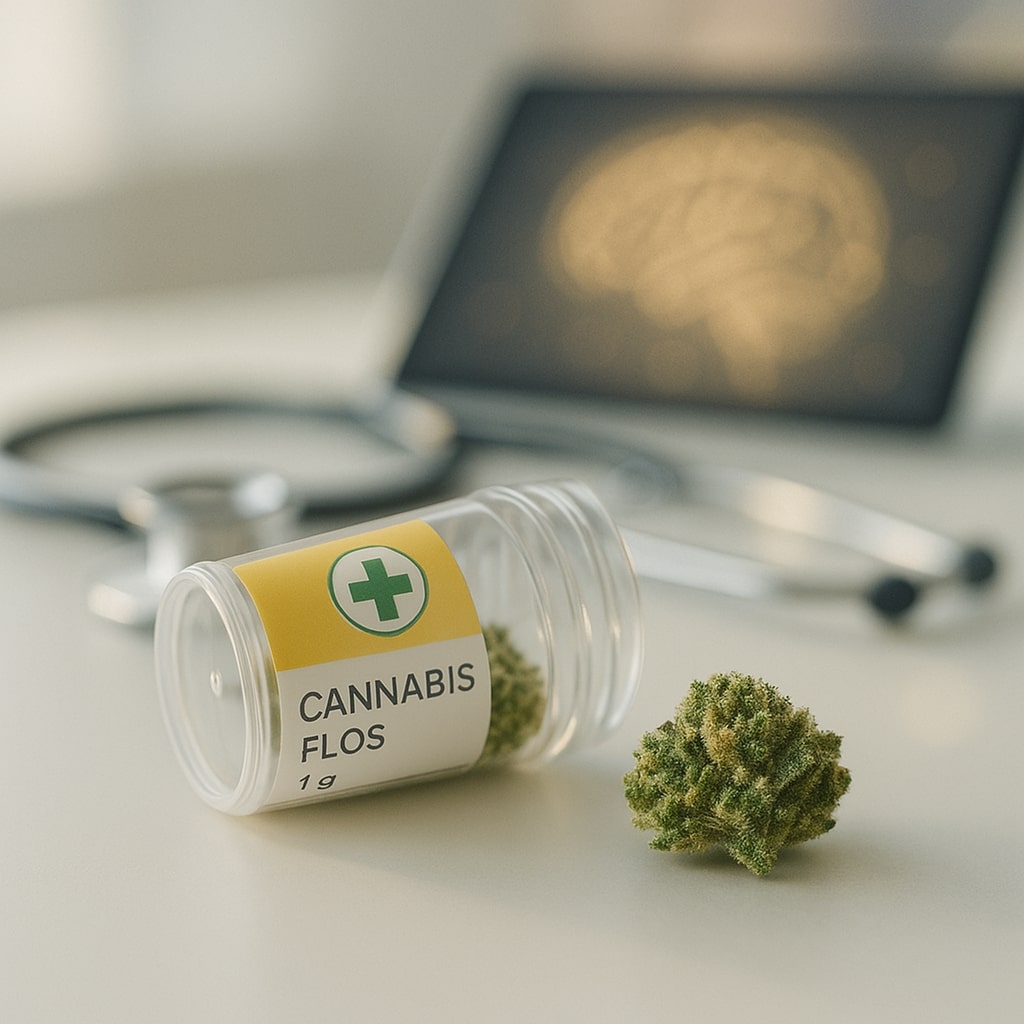 Fotorealistisches Stillleben in einer Arztpraxis: Ein durchsichtiges Döschen mit gelbem Cannabis-Rezeptetikett liegt geöffnet, eine grüne, harzglitzernde Cannabisblüte liegt daneben; im Hintergrund verschwimmen Stethoskop und Tablet mit leuchtendem Gehirn-Diagramm, alles in sanftem, warmem Fensterlicht.