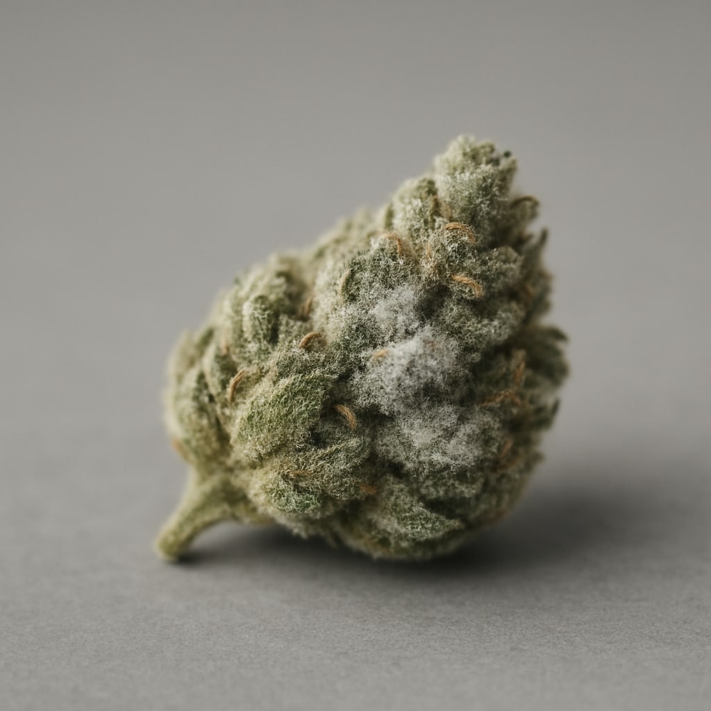 Makroaufnahme einer einzelnen, leicht grünlichen Cannabisblüte auf grauem Hintergrund. Feine, glitzernde Harztrichome bedecken die Oberfläche, während flauschige, weiß-graue Schimmelstellen klar erkennbar sind; das Motiv ist weich von natürlichem Licht beleuchtet und wirkt ruhig sowie modern.