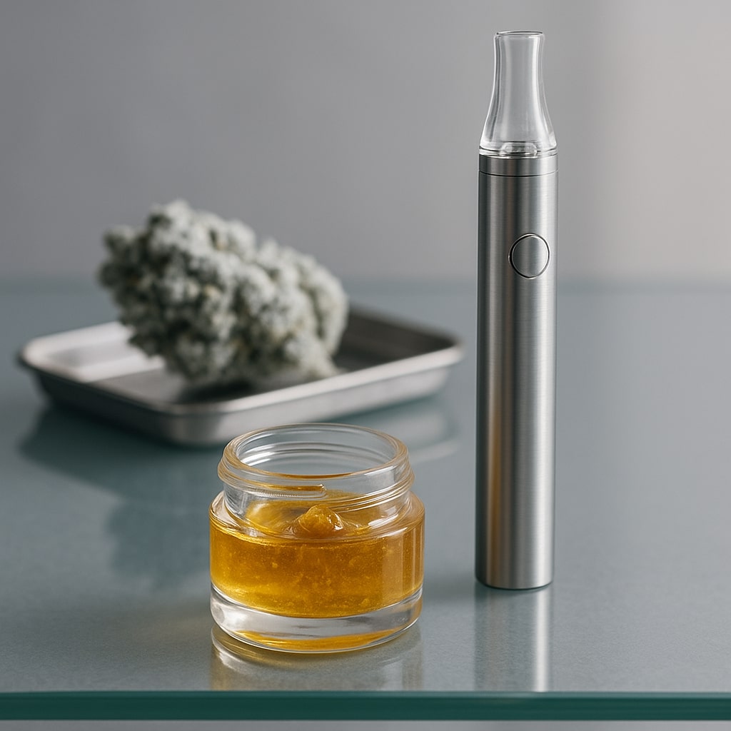 Auf einem Glastisch stehen ein Glas mit goldfarbenem Live-Resin, ein silberner Vaporizer und im Hintergrund eine vereiste Cannabisblüte auf einem Edelstahltablett, beleuchtet von weichem Tageslicht.
