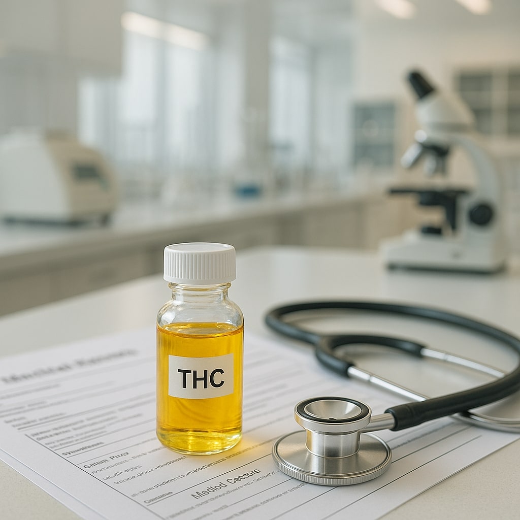 Eine kleine Glasflasche mit goldgelbem THC-Destillat steht auf einem medizinischen Dokument. Die Flasche hat einen weißen Schraubverschluss und ein Etikett mit der Aufschrift 'THC'. Neben der Flasche liegt ein Stethoskop. Im unscharfen Hintergrund ist ein klinisches Laborumfeld mit einem Mikroskop erkennbar. Das Bild vermittelt einen medizinisch-pharmazeutischen Kontext für die Anwendung von THC-Destillat.