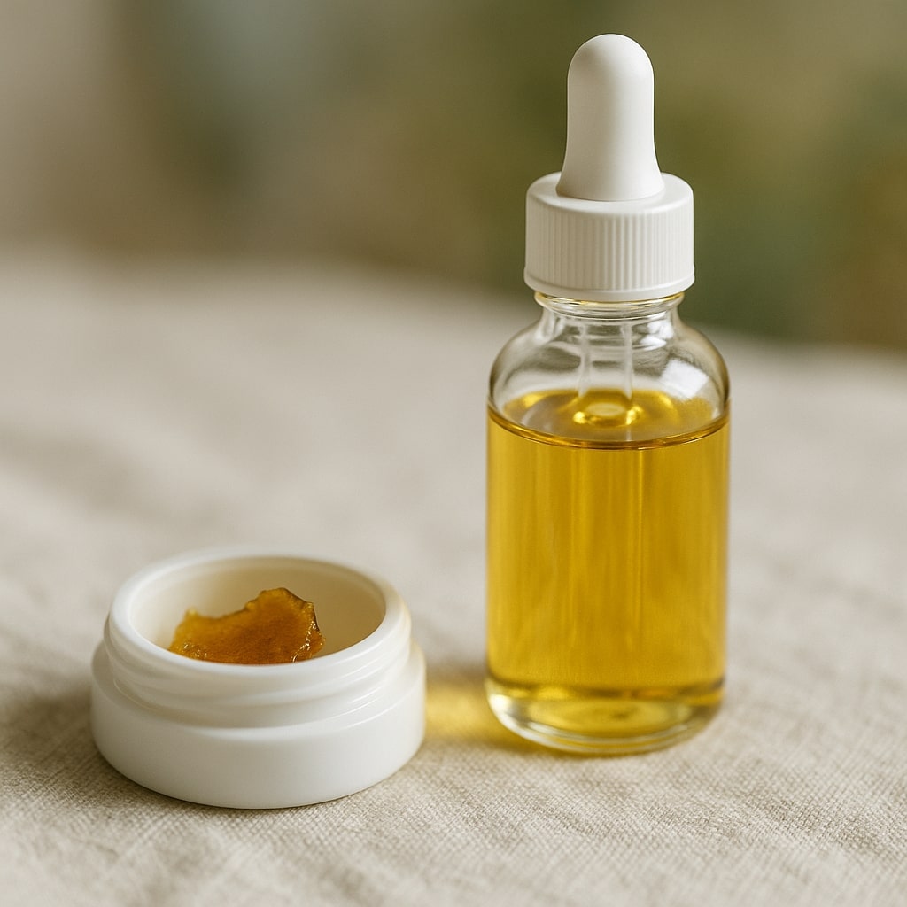Nahaufnahme eines Glasfläschchens mit goldfarbenem Cannabisöl neben einer geöffneten Dose mit bernsteinfarbenem Konzentrat auf hellem Leinentuch, bei sanftem natürlichem Licht.