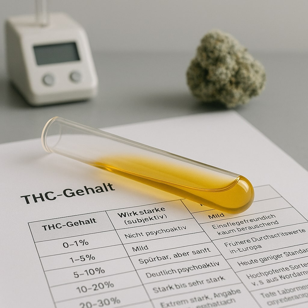 Ein Reagenzglas mit goldgelbem THC-Extrakt liegt auf einem Blatt mit korrekt formatierter Tabelle zu THC-Gehalt, Wirkstärke und Anmerkungen; im Hintergrund sind eine Cannabisblüte und ein Laborgerät zu sehen, alles in natürlichem Licht.