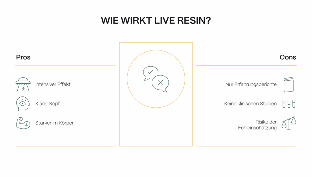 Infografik: Live Resin Wirkung – Potenzielle Vorteile sind intensiver Effekt, klarer Kopf und stärkere Körperwirkung; Nachteile: Es sind nur Erfahrungsberichte, keine klinischen Studien und das Risiko der Fehleinschätzung.