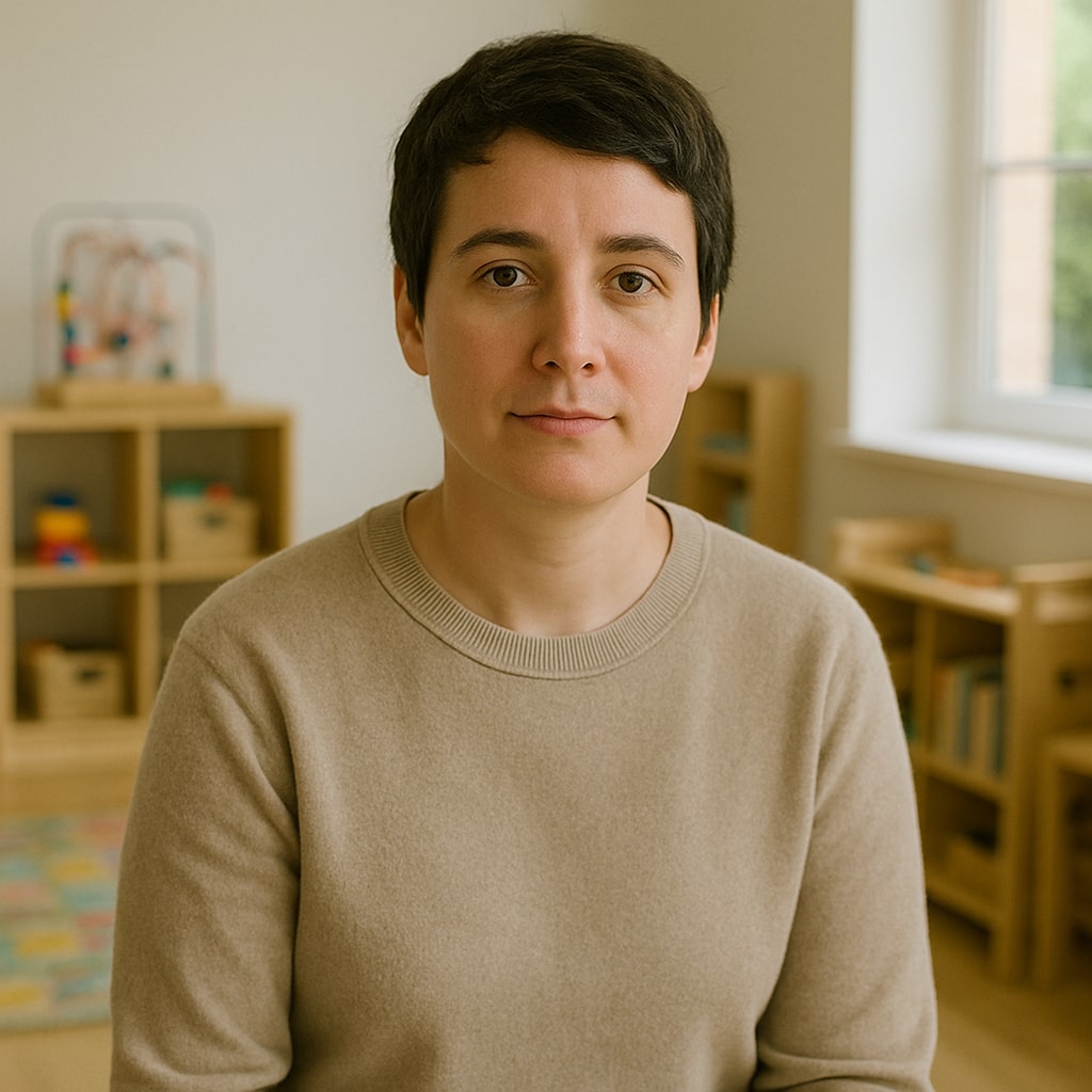 Quadratisches Porträt einer ruhigen Betreuungsperson in beigem Pullover, sitzend in einem hellen, aufgeräumten Kindergartenraum mit Spielzeugregalen und Fenster im Hintergrund.