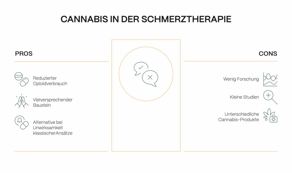 Infografik Cannabis gegen Schmerzen: Vorteile sind reduzierter Opioidverbrauch, vielversprechender Therapiebaustein und Alternative bei Unwirksamkeit klassischer Ansätze. Nachteile sind wenig Forschung, kleine Studien und unterschiedliche Cannabis-Produkte.