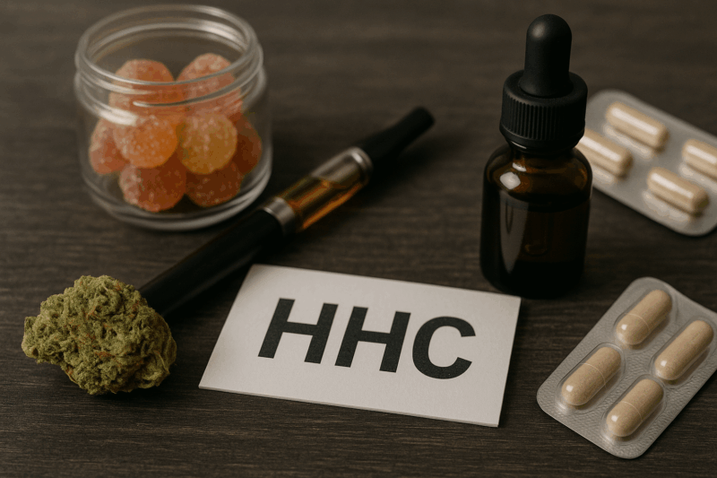 Auf einer dunklen Holzoberfläche liegen verschiedene Produkte mit HHC: eine Cannabisblüte, ein Vape-Pen, Gummibärchen, eine Pipettenflasche und Kapseln. Das Bild visualisiert die Bandbreite von HHC-Produkten, die in Deutschland seit Juni 2024 verboten sind.