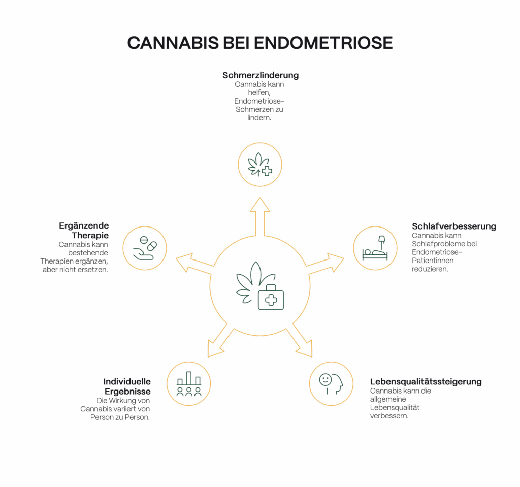 Infografik mit dem Titel „Cannabis bei Endometriose“. In der Mitte ein Symbol aus Cannabisblatt und Medizinkoffer, von dem Pfeile zu fünf Aussagen führen: Cannabis kann Schmerzen lindern, den Schlaf verbessern und die Lebensqualität steigern, wirkt jedoch individuell unterschiedlich und dient eher als ergänzende Therapie, nicht als Ersatz bestehender Behandlungen.