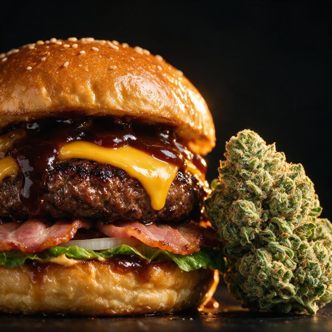 Nahaufnahme eines Burgers mit Sauce, Käse und Bacon, daneben eine große Cannabis-Blüte.