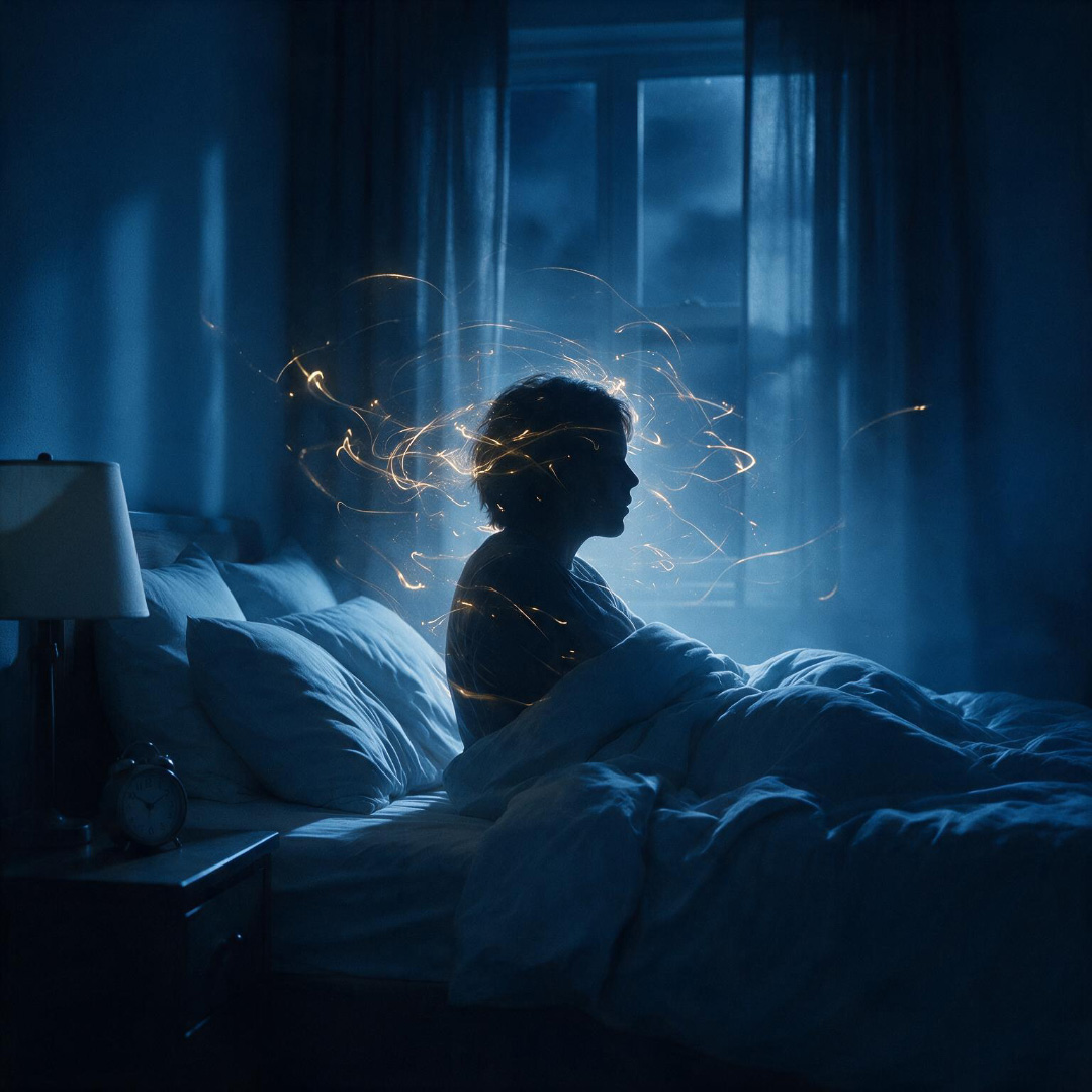 Eine Person sitzt bei Dunkelheit im Bett und Licher schwirren um ihren Kopf, die Albträume visualisieren sollen.