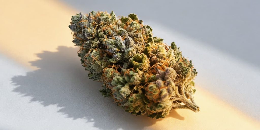 Eine Cannabis Blüte mit THCA und THC liegt auf einem weißen Blatt.